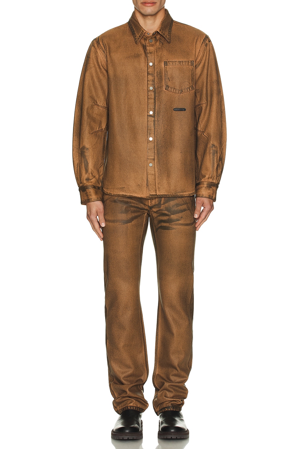 Image 1 of Helmut Lang Curved Long Sleeve Shirt in Waxed Oil Stain