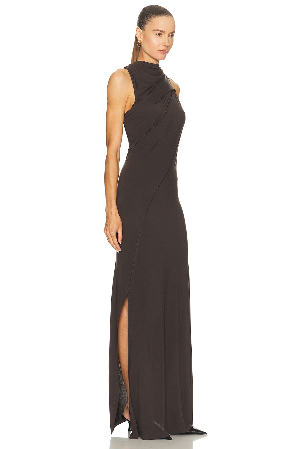 Helmut Lang Wind Ruched Jersey Maxi Dress In Brown