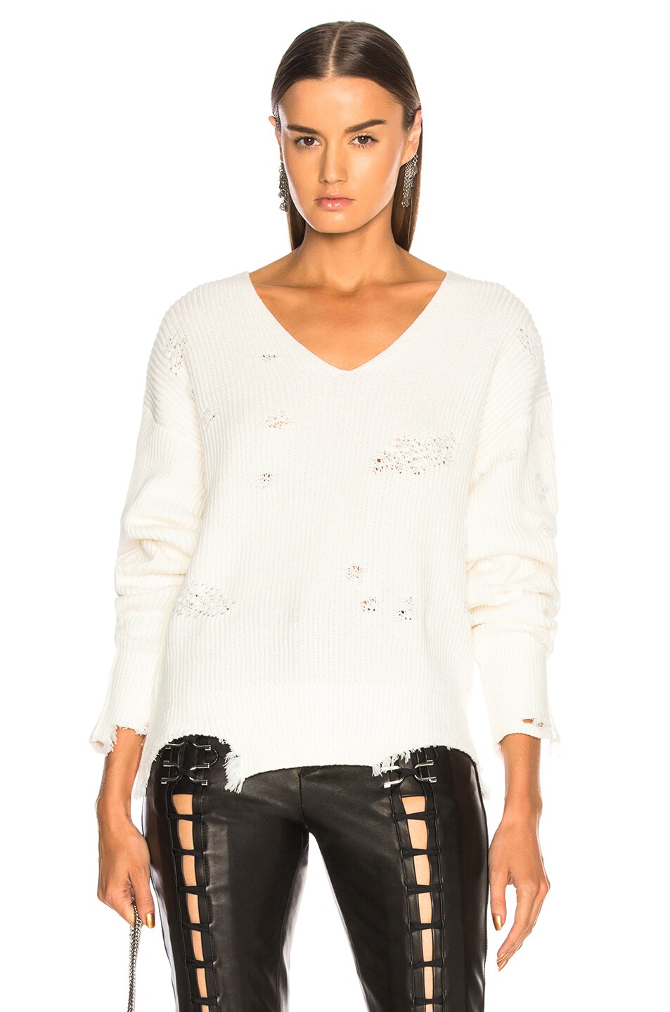 Image 1 of Helmut Lang Distressed Longsleeve V Neck Sweater in Ivory