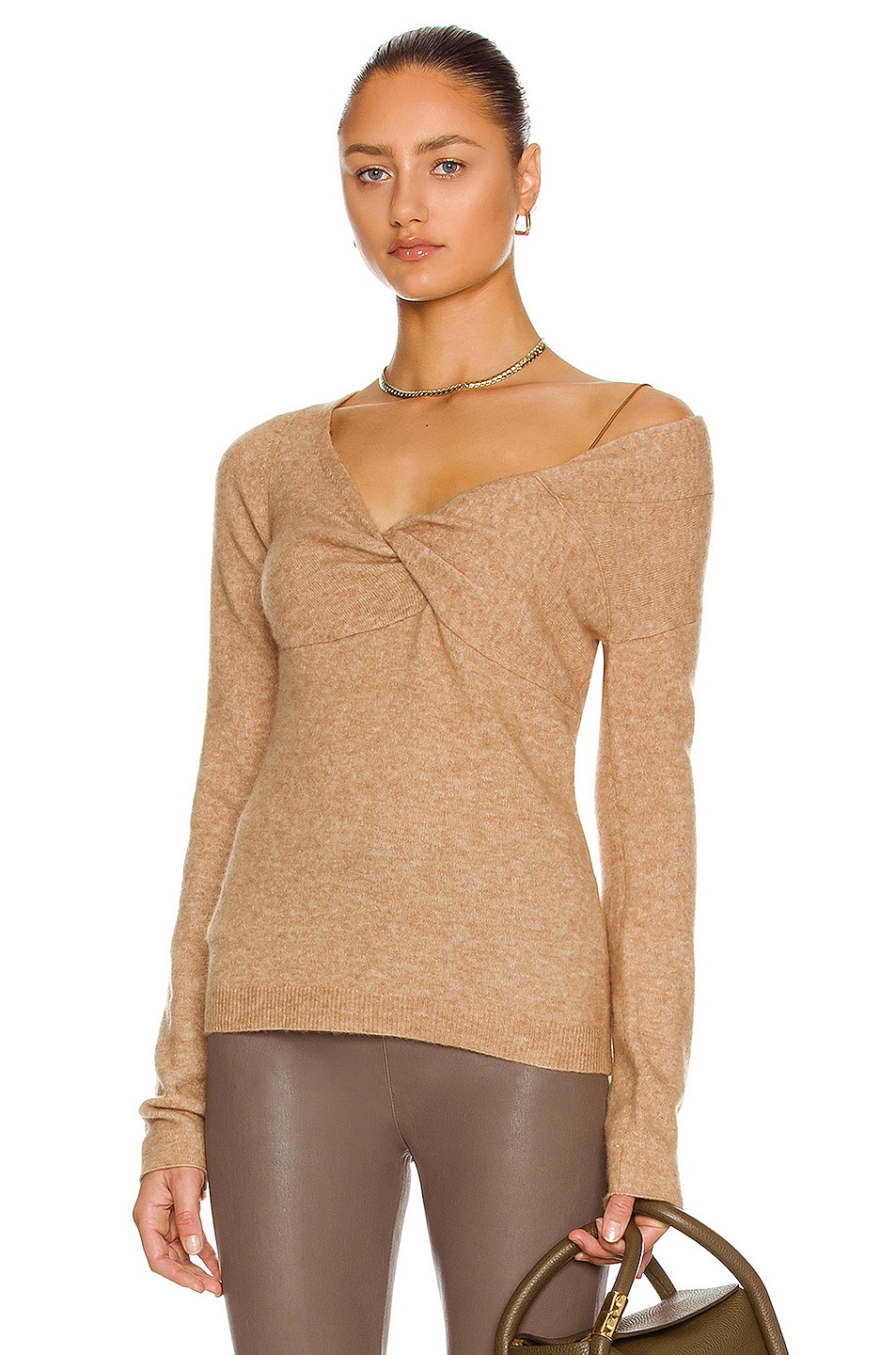 Image 1 of Helmut Lang Bungee Off the Shoulder Sweater in Hazelnut