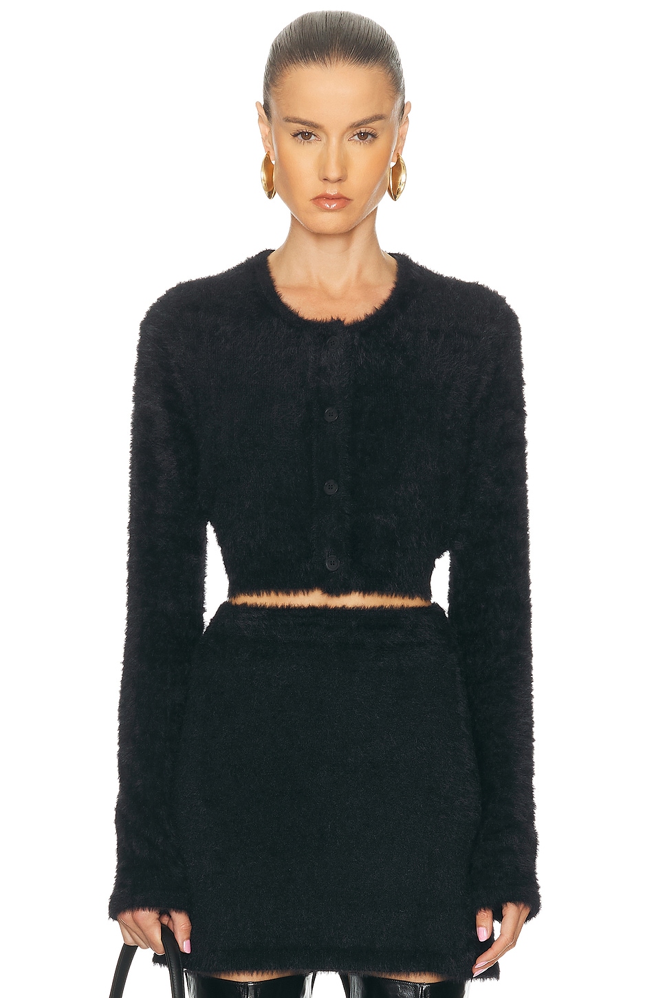 Image 1 of Helmut Lang Cropped Eyelash Cardigan in Black