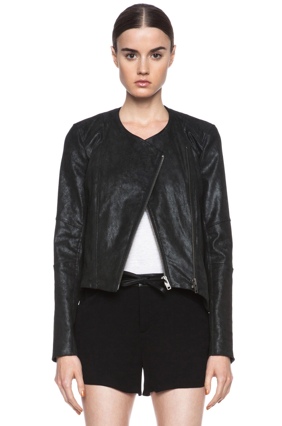 Image 1 of Helmut Lang Patina Cropped Leather Jacket in Bismuth