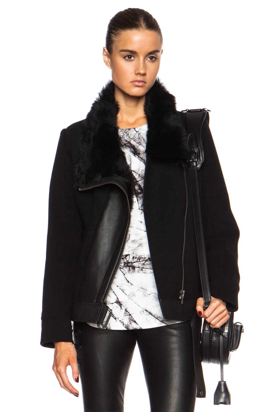 Image 1 of Helmut Lang Fur Combo Wool-Blend Jacket in Black