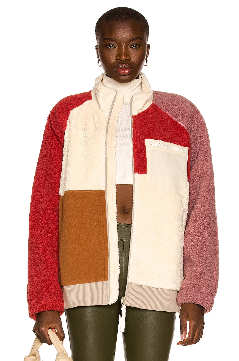 Image 1 of Helmut Lang Patchwork Fleece Jacket in Winter White, Dusty Pink, Coral Red, & Cream