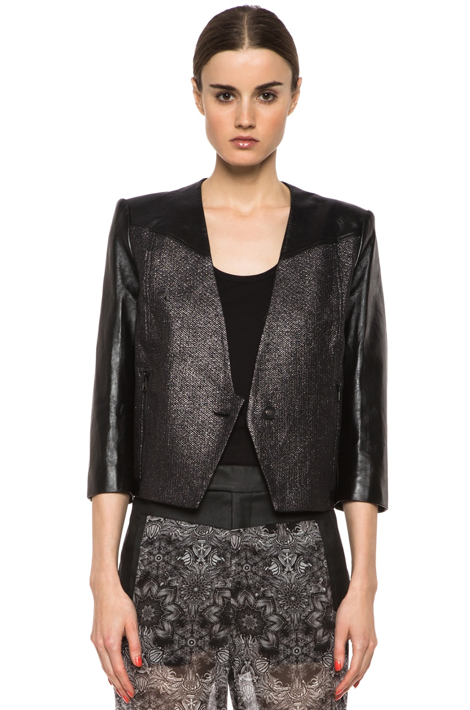 Image 1 of Helmut Lang Shy Cotton-Blend & Leather Jacket in Old Silver