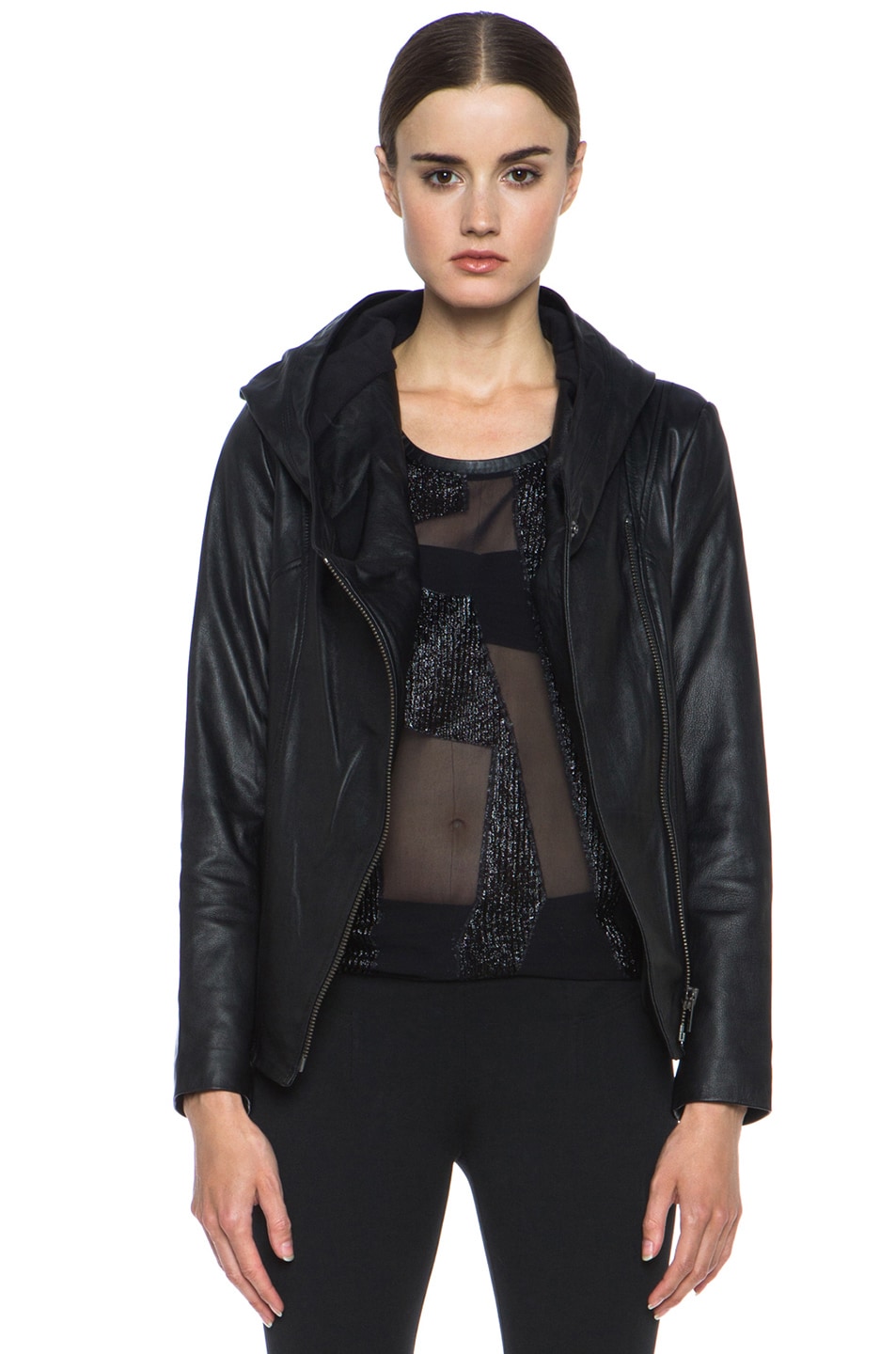 Image 1 of Helmut Lang Washed Hooded Leather Jacket in Black