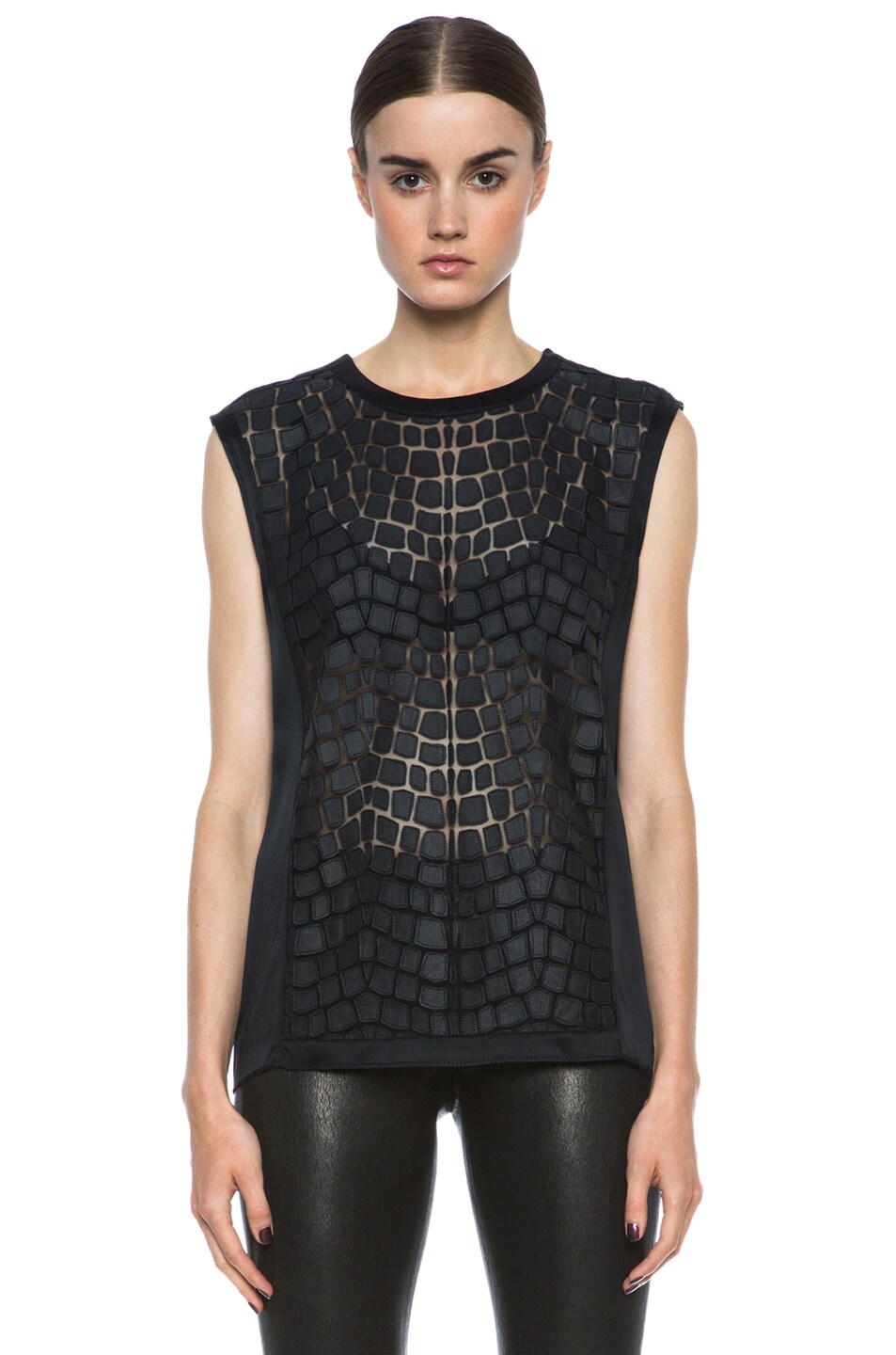 Image 1 of Helmut Lang Fractal Technique Poly & Leather Tank in Black