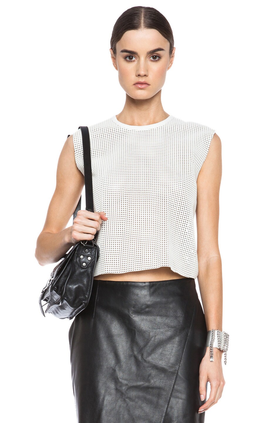 Image 1 of Helmut Lang Sift Leather Top in Optic White