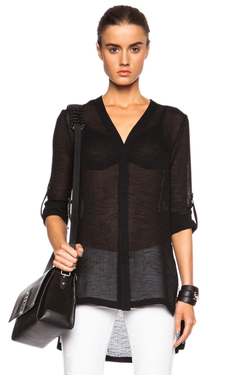 Image 1 of Helmut Lang Swift Button Down Triacetate-Blend Top in Black