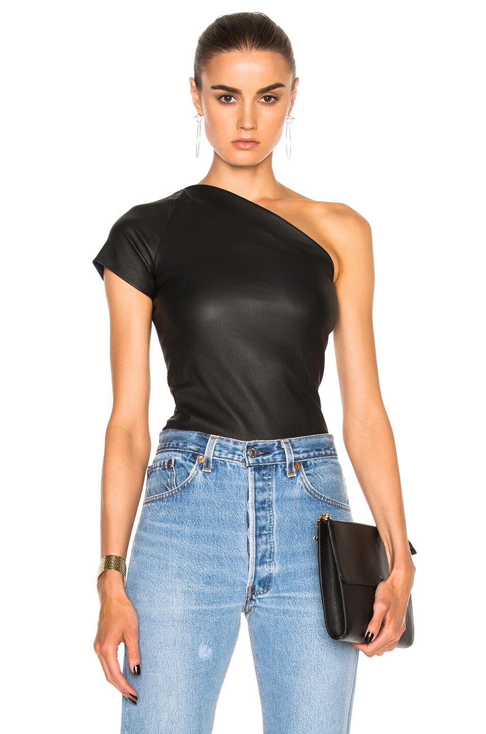 Image 1 of Helmut Lang Asymmetric Leather Top in Black
