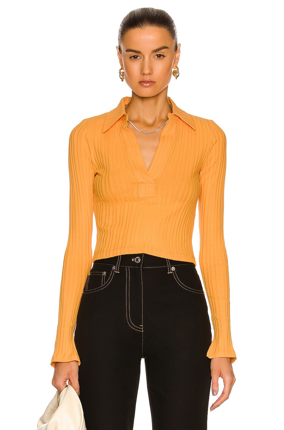 Image 1 of Helmut Lang Long Sleeve Crop Polo Top in Apricot