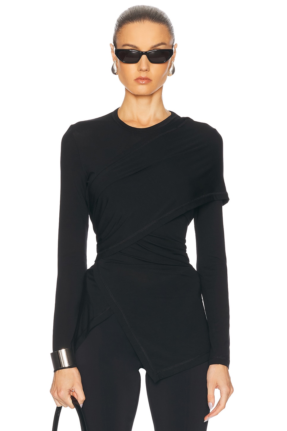 Draped Long Sleeve Top in Black