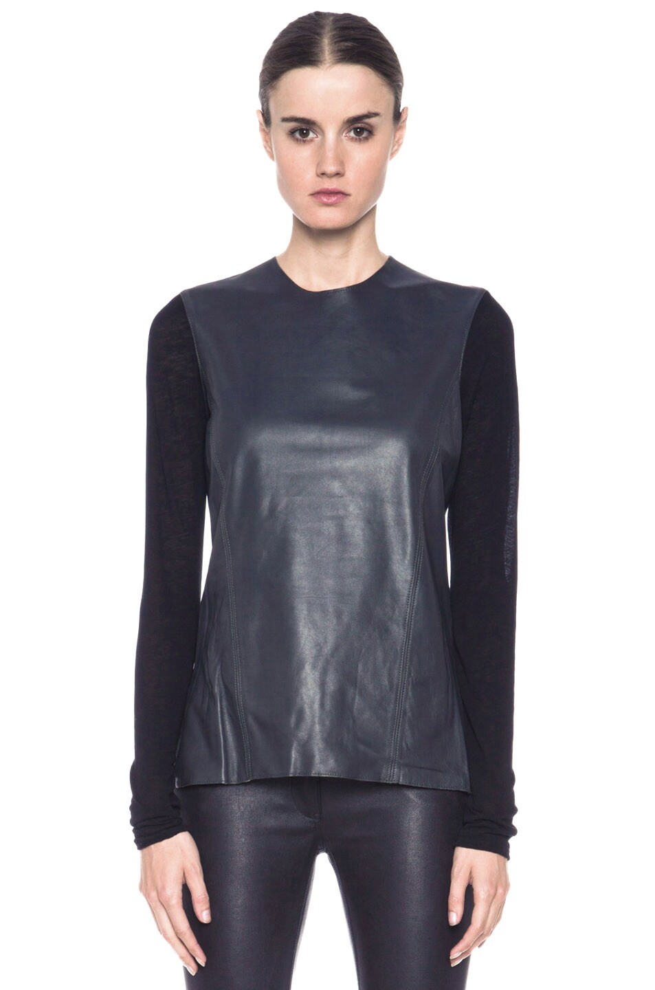 Image 1 of Helmut Lang Smooth Hide Jersey Sleeve Leather Front Top in Blade