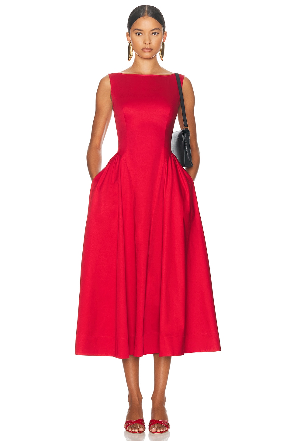 Image 1 of Helsa Stretch Cotton Sateen Midi Dress in Red