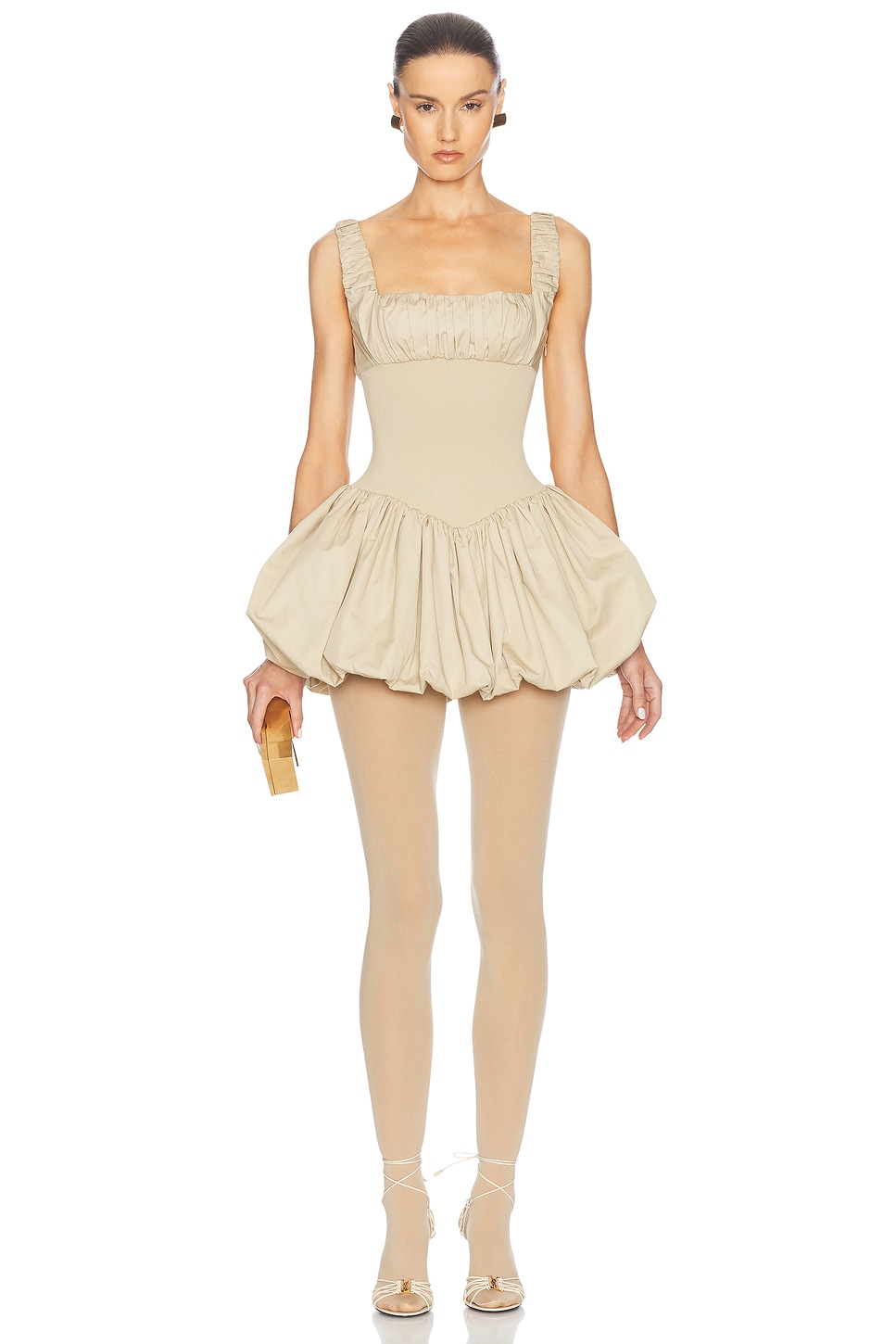 Image 1 of Helsa Rib Mix Puffy Mini Dress in Khaki