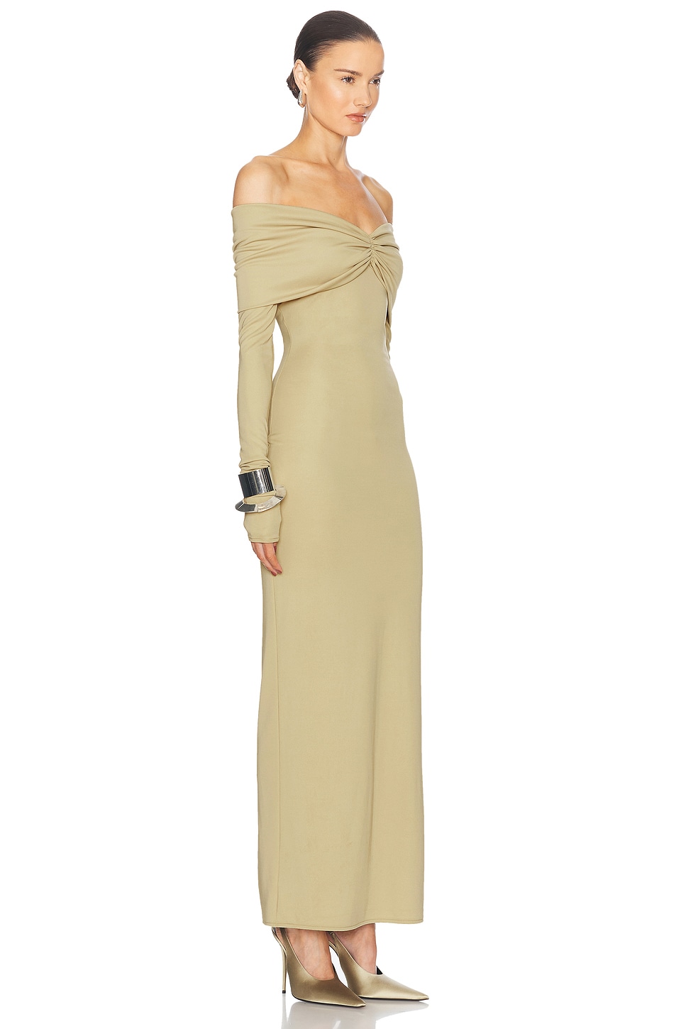 Shop Helsa Matte Jersey Off Shoulder Maxi Dress In Elm