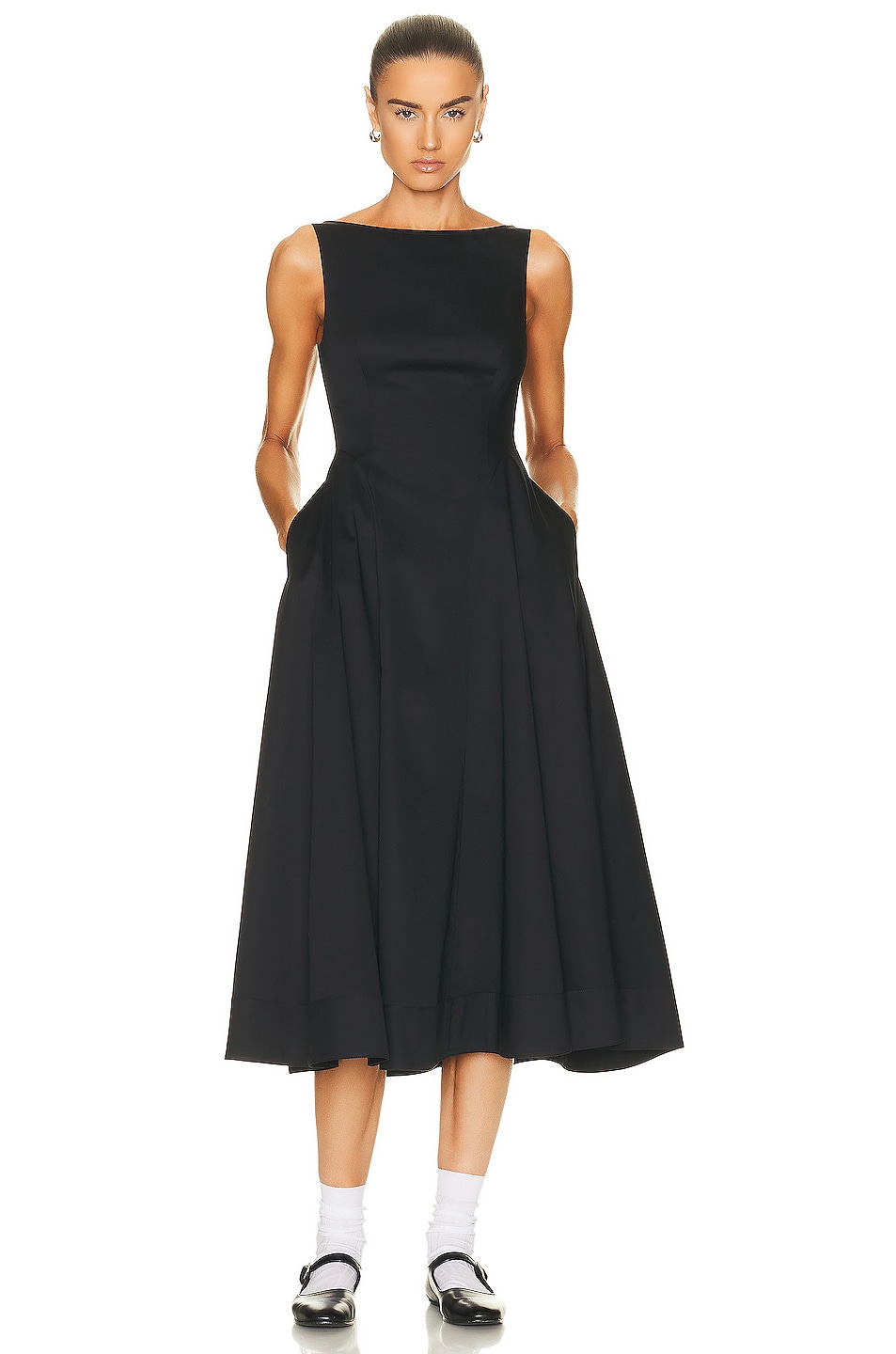 Helsa Stretch Cotton Sateen Midi Dress in Black | FWRD