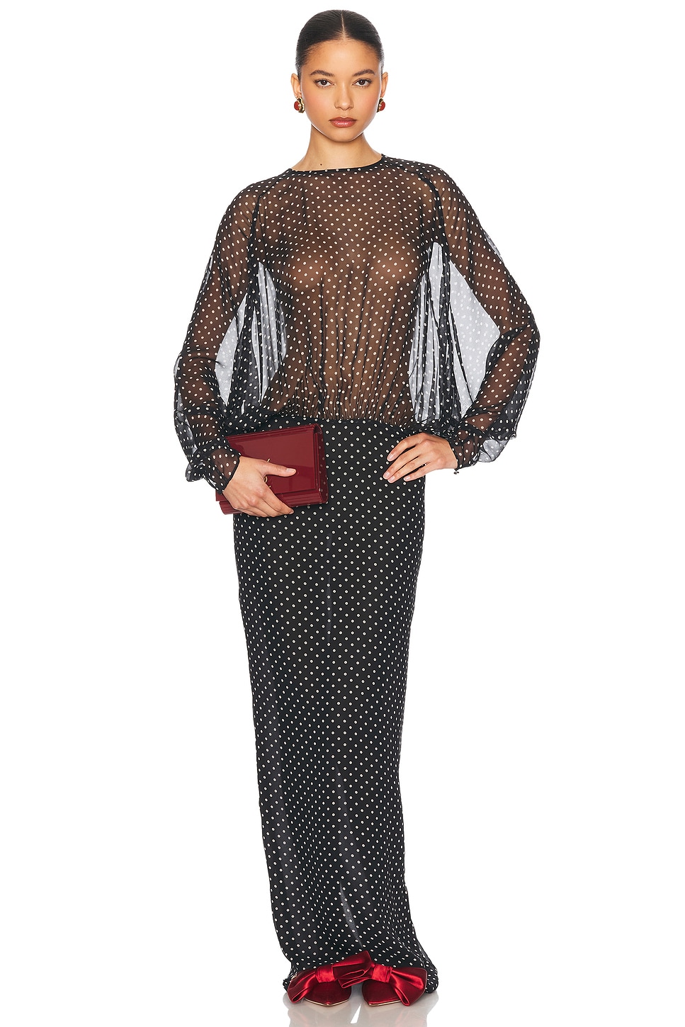 Image 1 of Helsa The Sabrina Dress in Printed Silk Chiffon in Black & Ivory Dot
