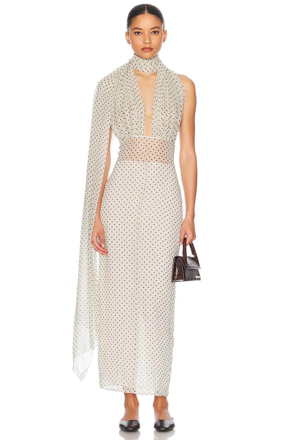 Image 1 of Helsa The Scarf Dress in Printed Silk Chiffon in Ivory & Black Dot