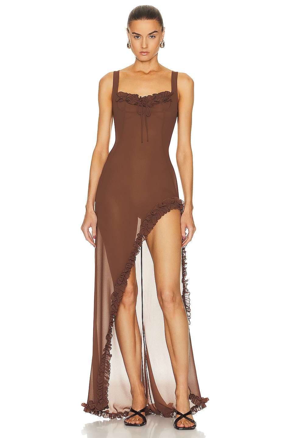 Image 1 of Helsa Sheer Ruffled Long Dress in Chocolate Brown