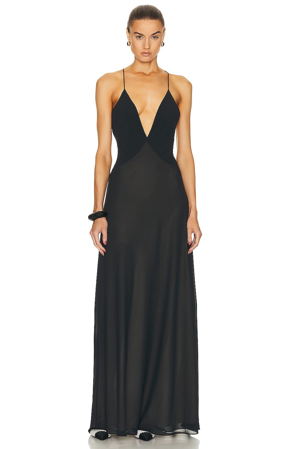 Helsa Sheer Deep V Long Slip Dress in Black | FWRD