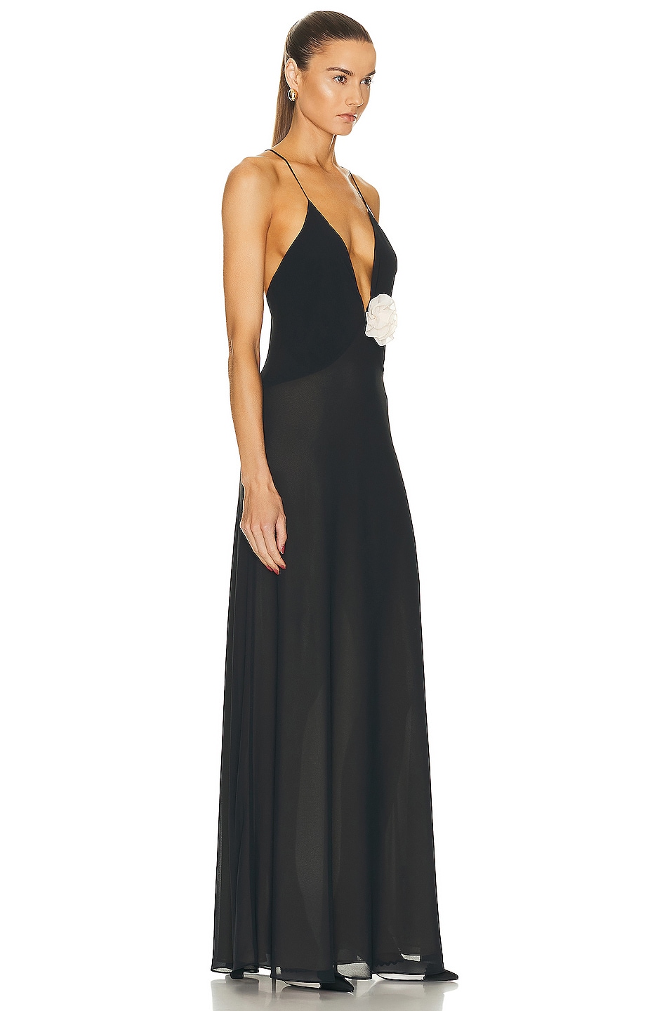 Helsa Sheer Deep V Long Slip Dress in Black | FWRD