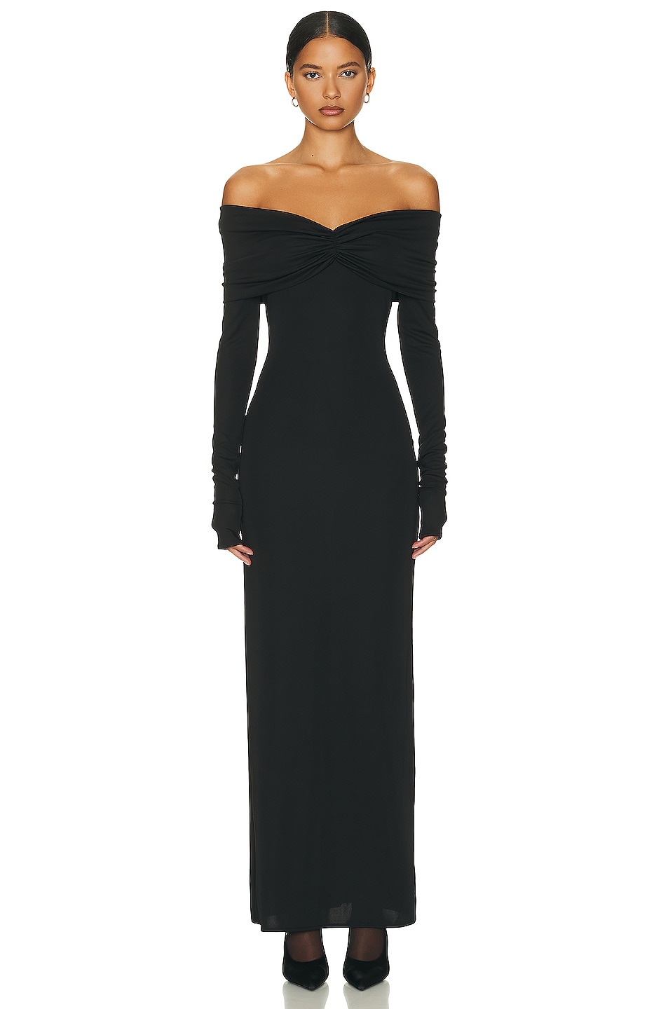 Image 1 of Helsa Matte Jersey Off Shoulder Maxi Dress in Black