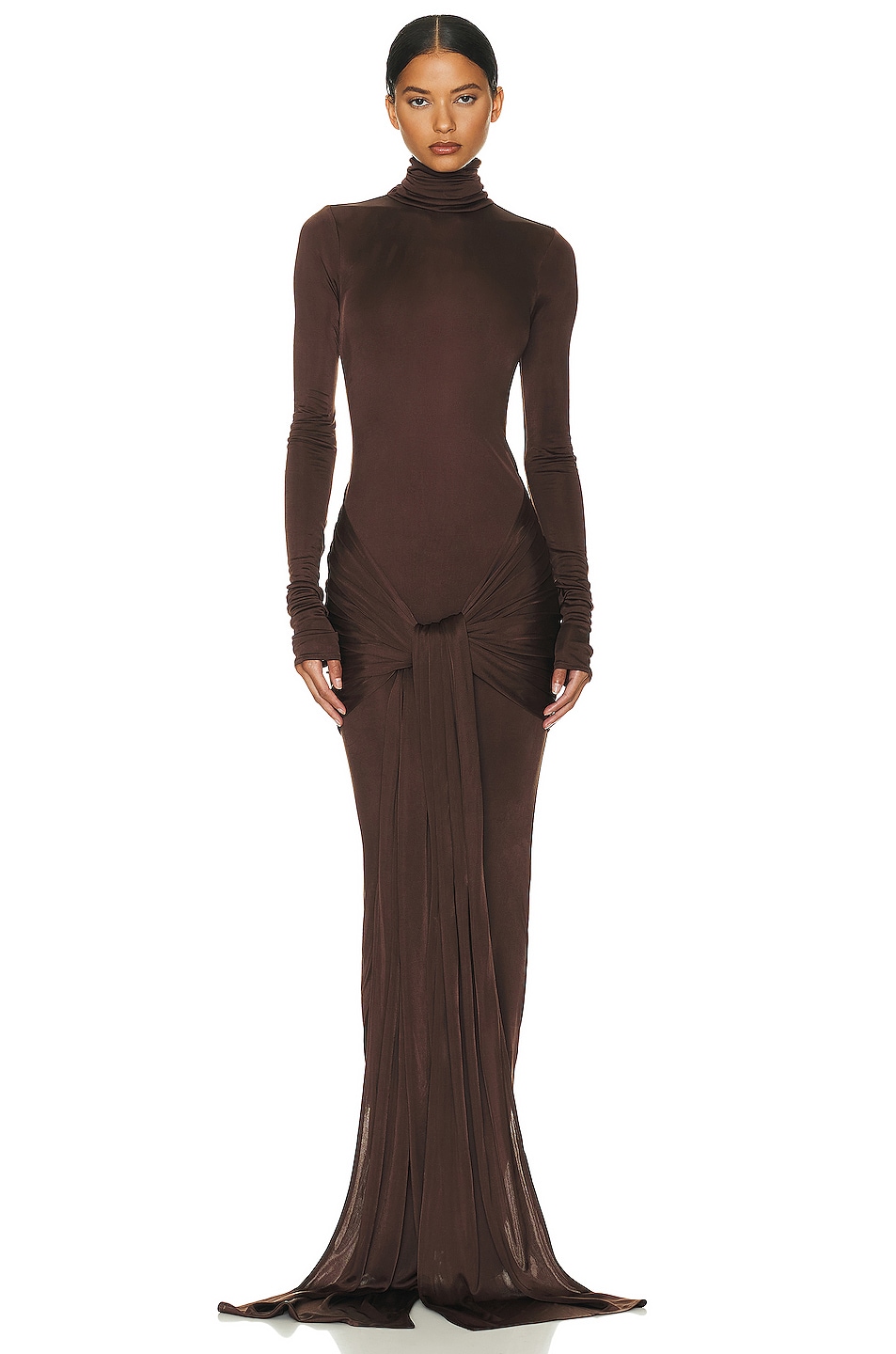 Image 1 of Helsa Slinky Jersey Sarong Maxi Dress in Chocolate Brown