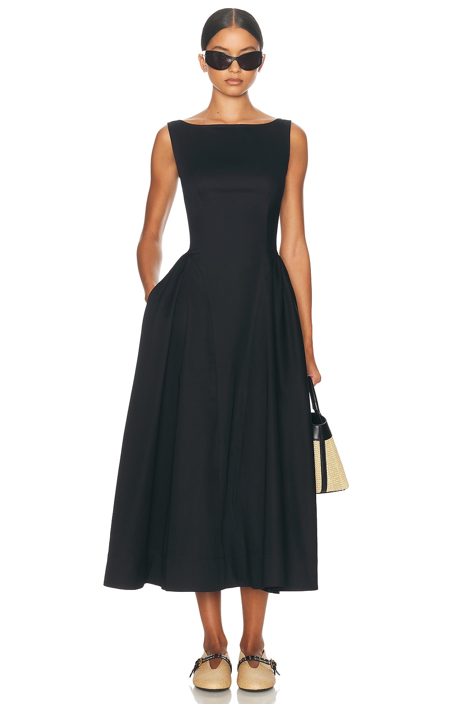 Image 1 of Helsa Stretch Cotton Sateen Midi Dress in Black