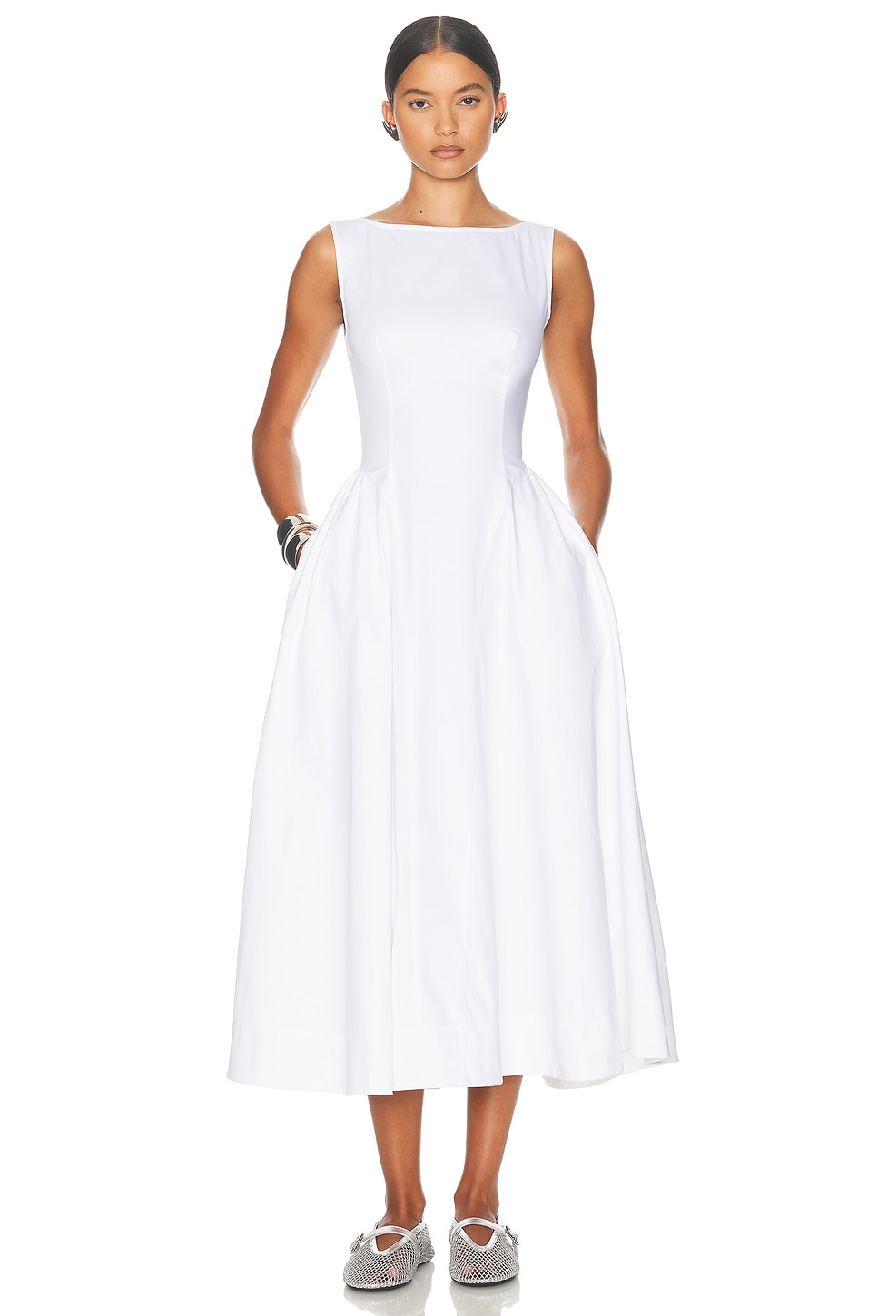 Image 1 of Helsa Stretch Cotton Sateen Midi Dress in White