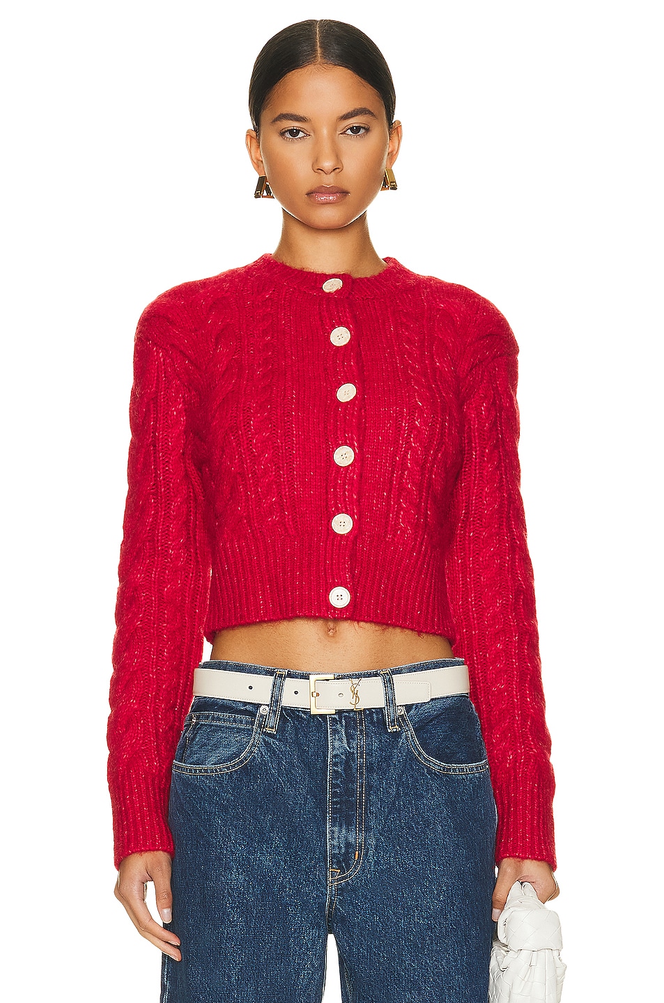 Image 1 of Helsa Lamis Cropped Cable Cardigan in Red