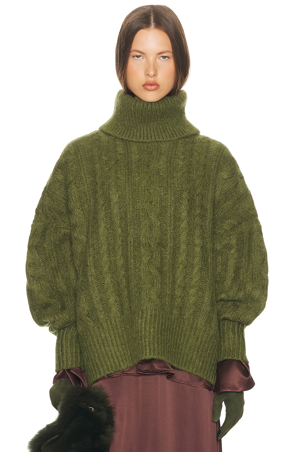 Image 1 of Helsa Claudiya Cable Turtleneck in Forest Green