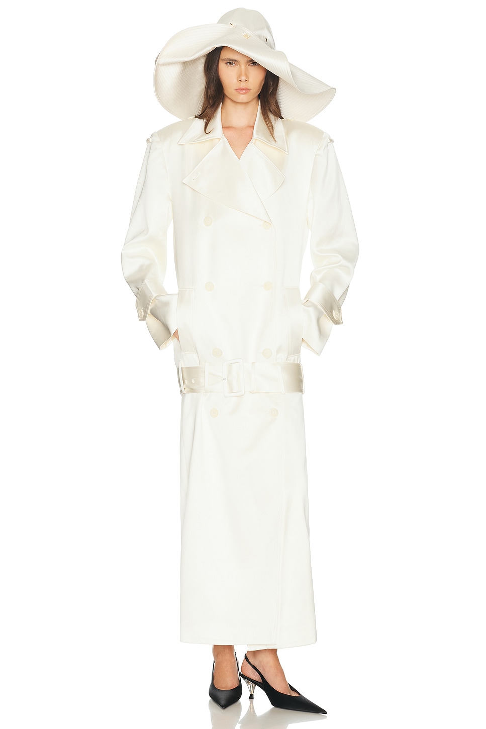 Helsa Trench Coat With Low Belt in Double Face Satin