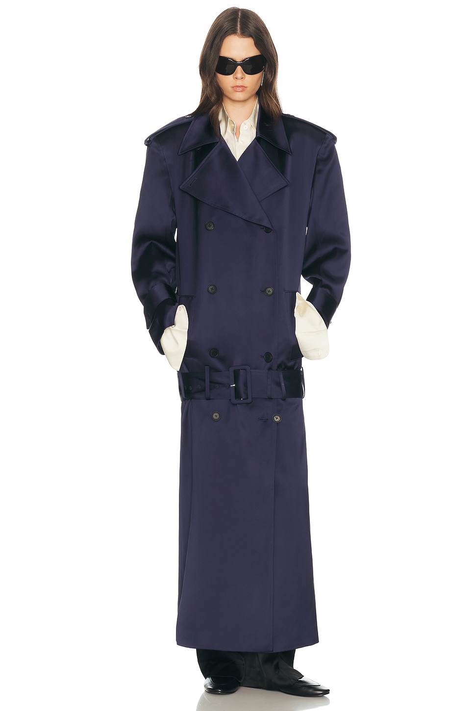 Helsa Trench Coat With Low Belt in Double Face Satin