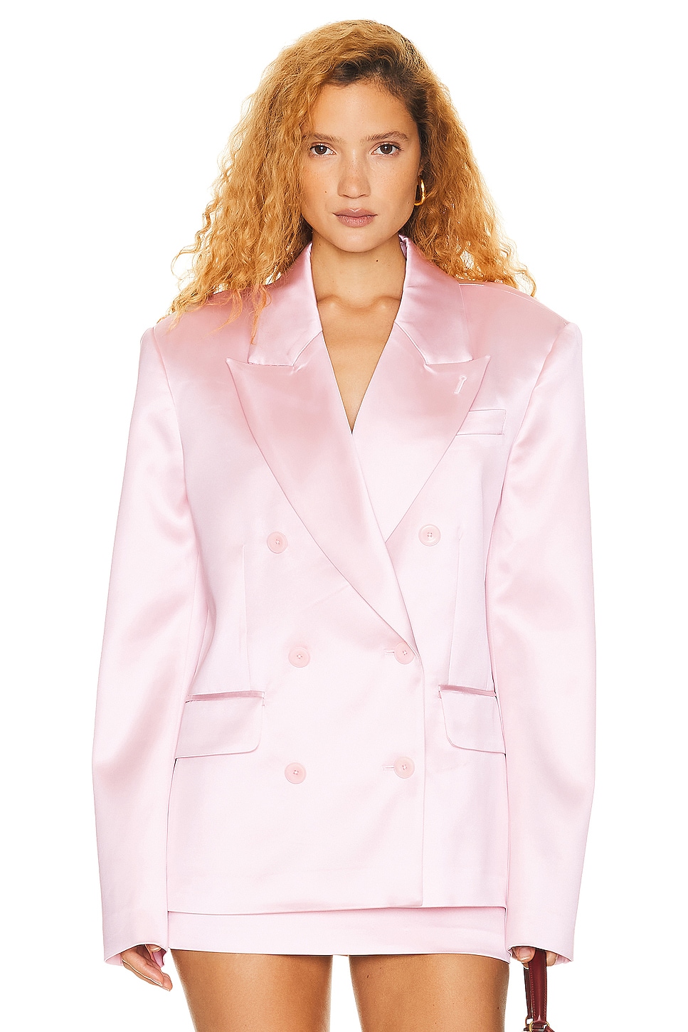 Image 1 of Helsa Heavy Satin Double Breasted Jacket in Pale Pink