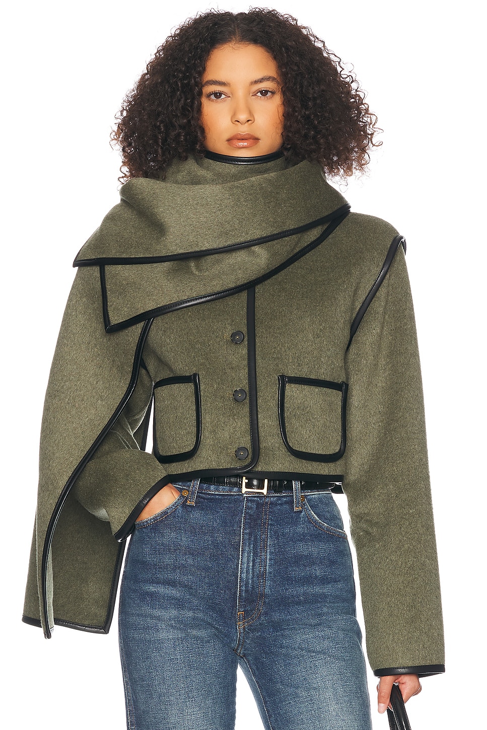 Image 1 of Helsa Boxy Jacket With Detachable Scarf in Olive Melange