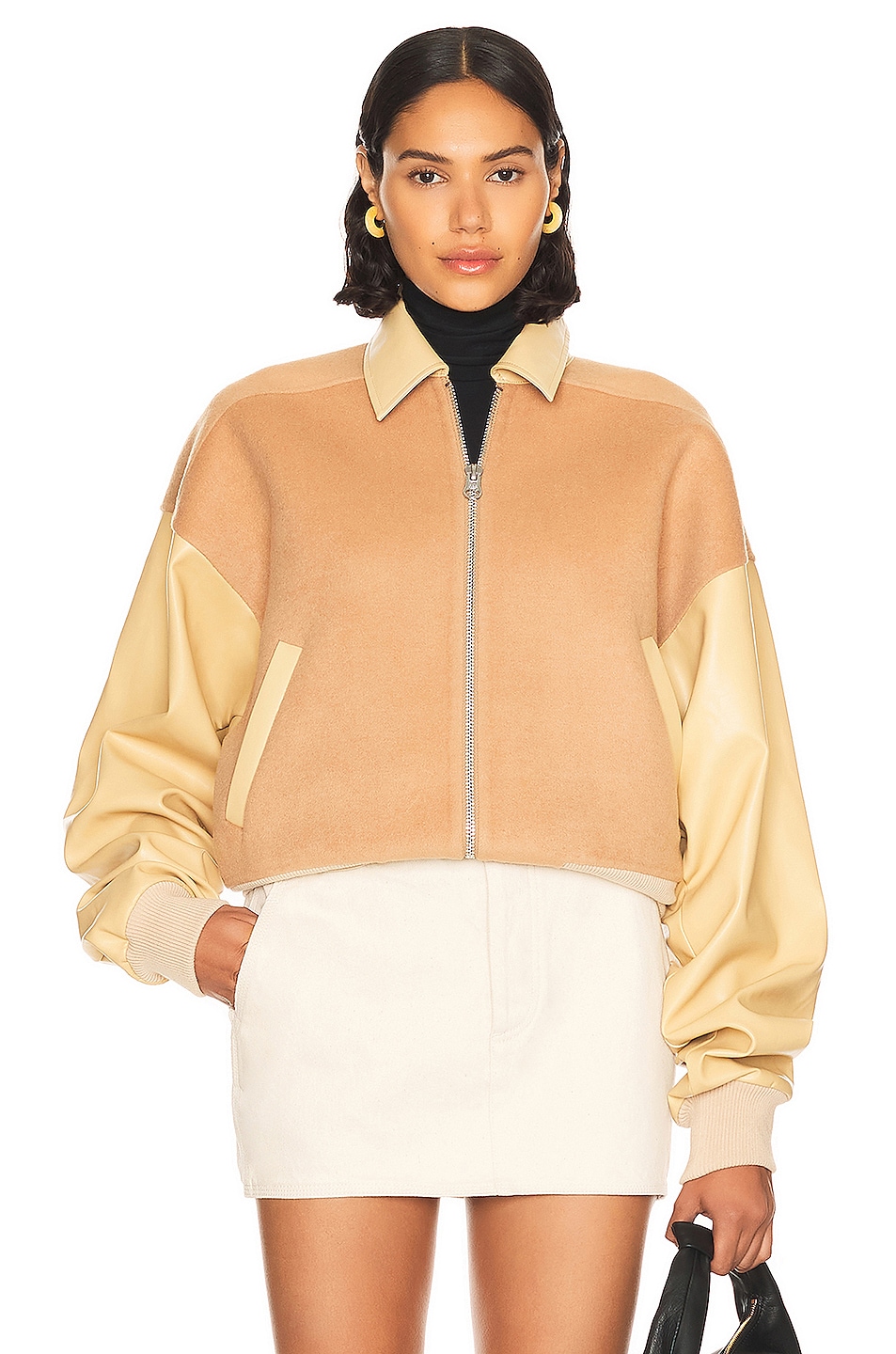 Image 1 of Helsa Faux Leather & Wool Blend Bomber in Tan