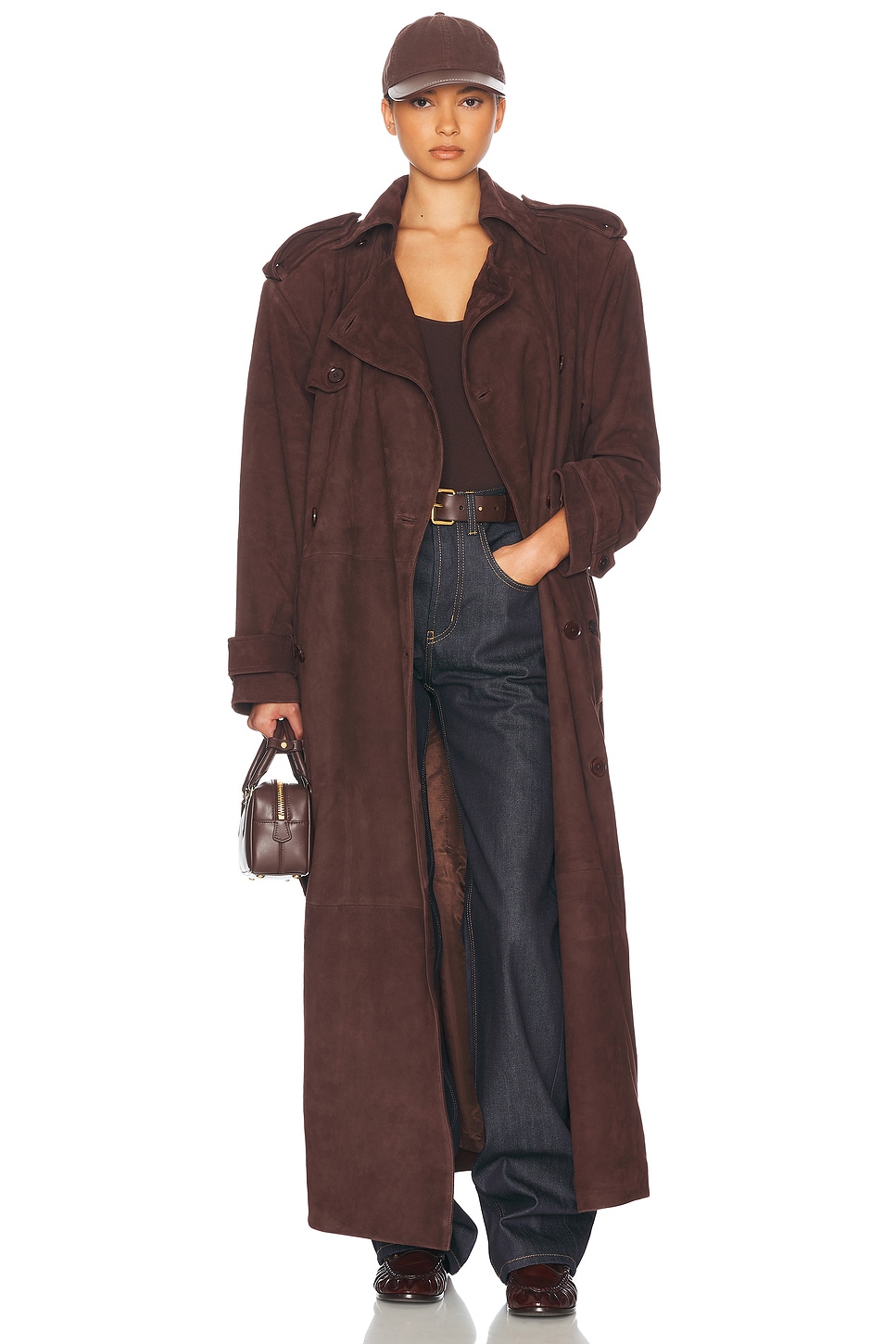 Image 1 of Helsa Suede Trench Coat in Saddle Brown