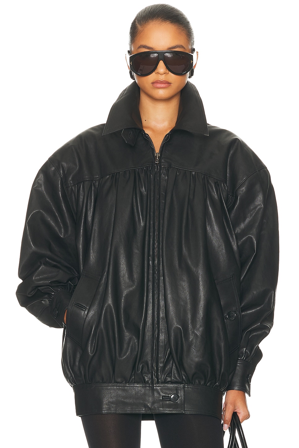Helsa The Shirred Oversized Leather Jacket In Black