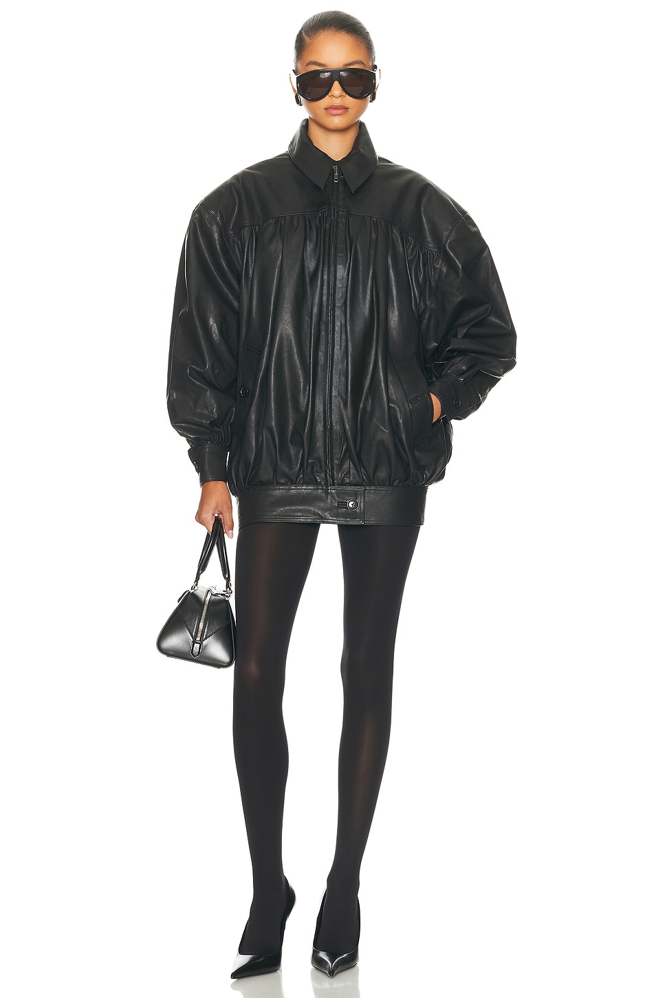 Image 5 of Helsa The Shirred Oversized Leather Jacket in Black