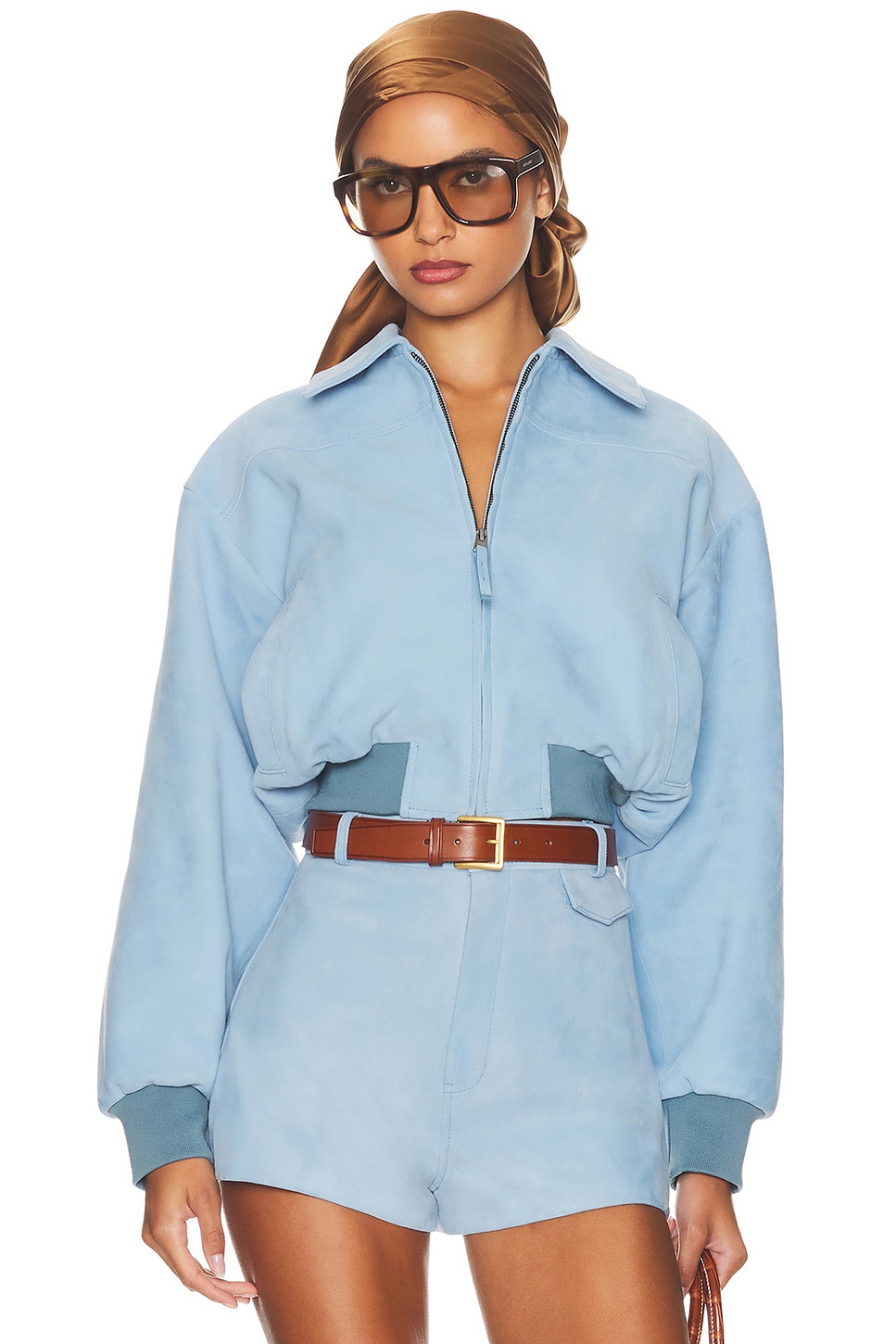 Image 1 of Helsa The Suede Zip Bomber in Faded Denim