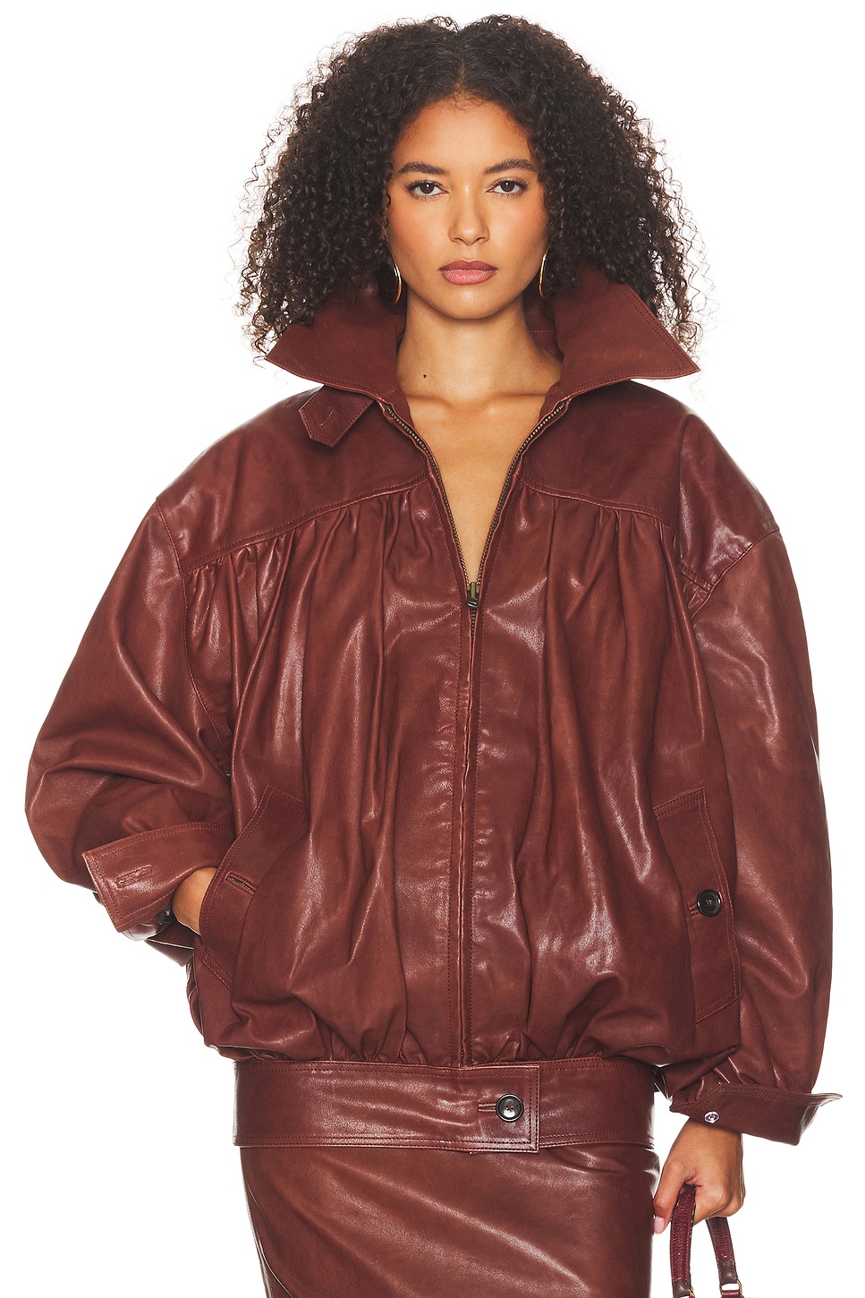 Image 1 of Helsa The Shirred Oversized Leather Jacket in Cognac