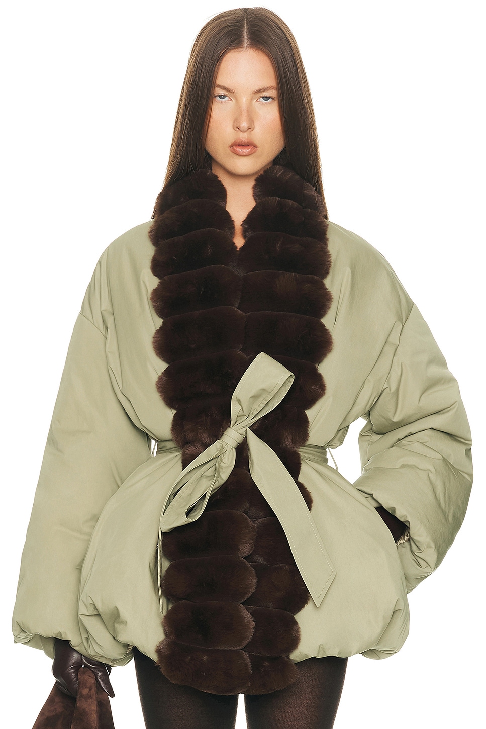Image 1 of Helsa Bubble Puffer With Faux Fur in Fennel & Cedar