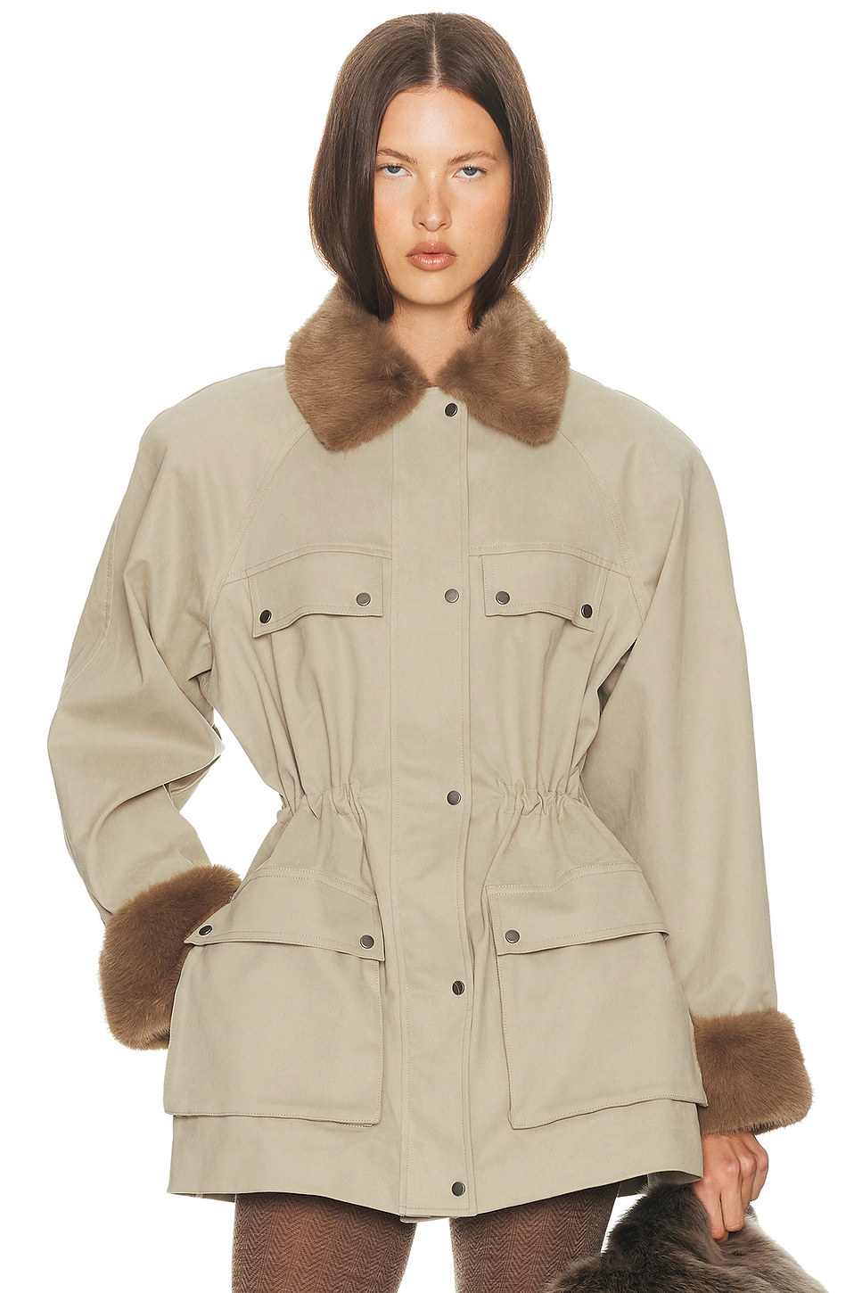 Image 1 of Helsa The Balmoral Jacket With Faux Fur Trim in Khaki