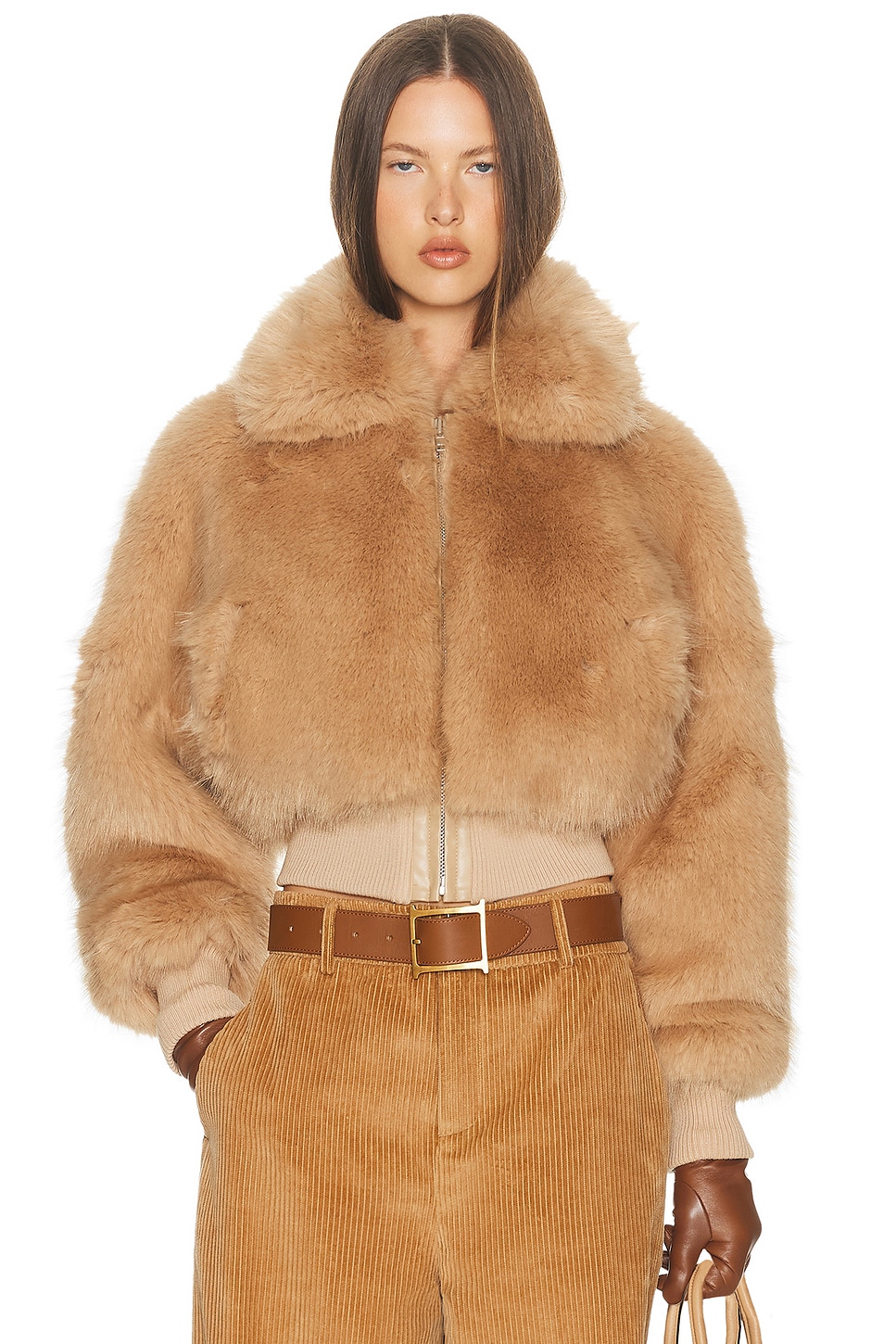 Image 1 of Helsa Faux Fox Bomber Jacket in Bisque