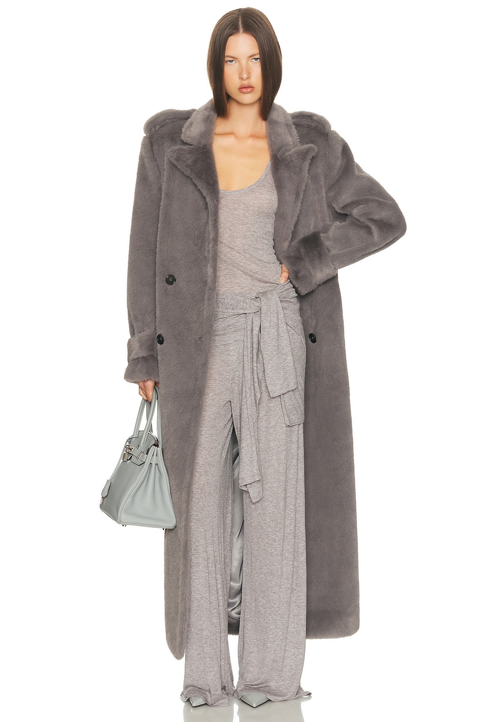 Image 1 of Helsa Faux Fur Long Trench in Smoke