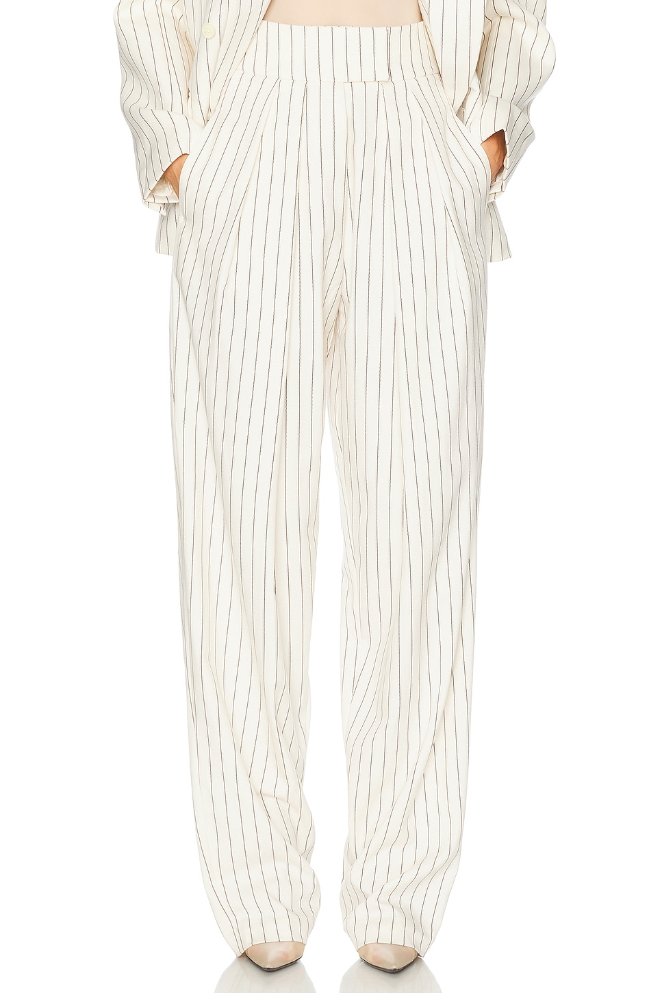 Pinstripe High Waist Pleated Suit Trouser in Ivory