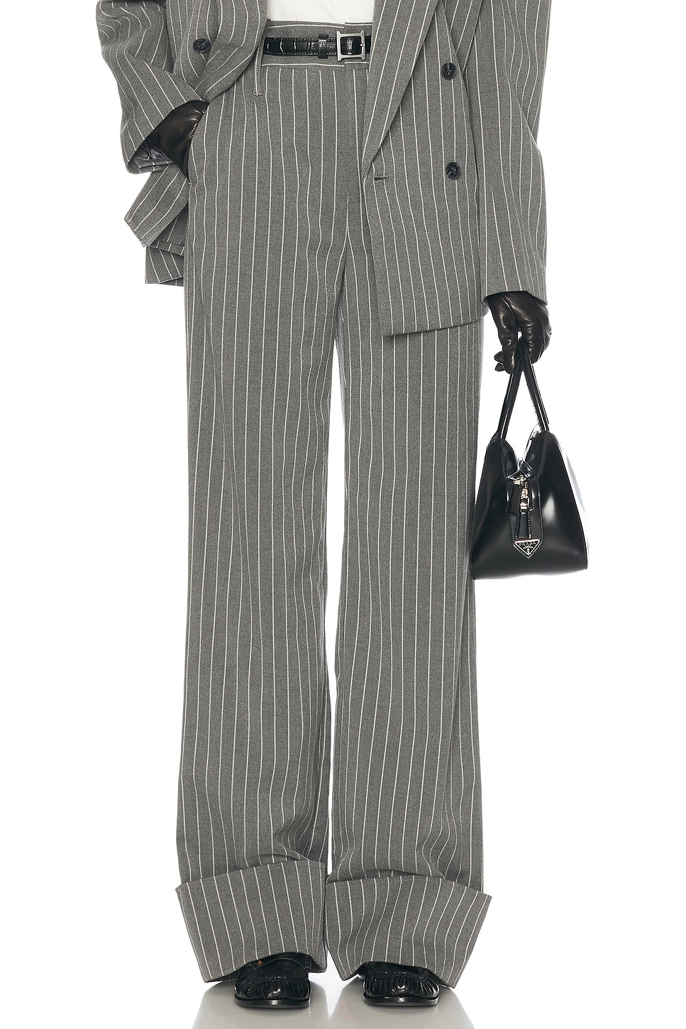 Pinstripe High Waist Cuffed Pants in Grey