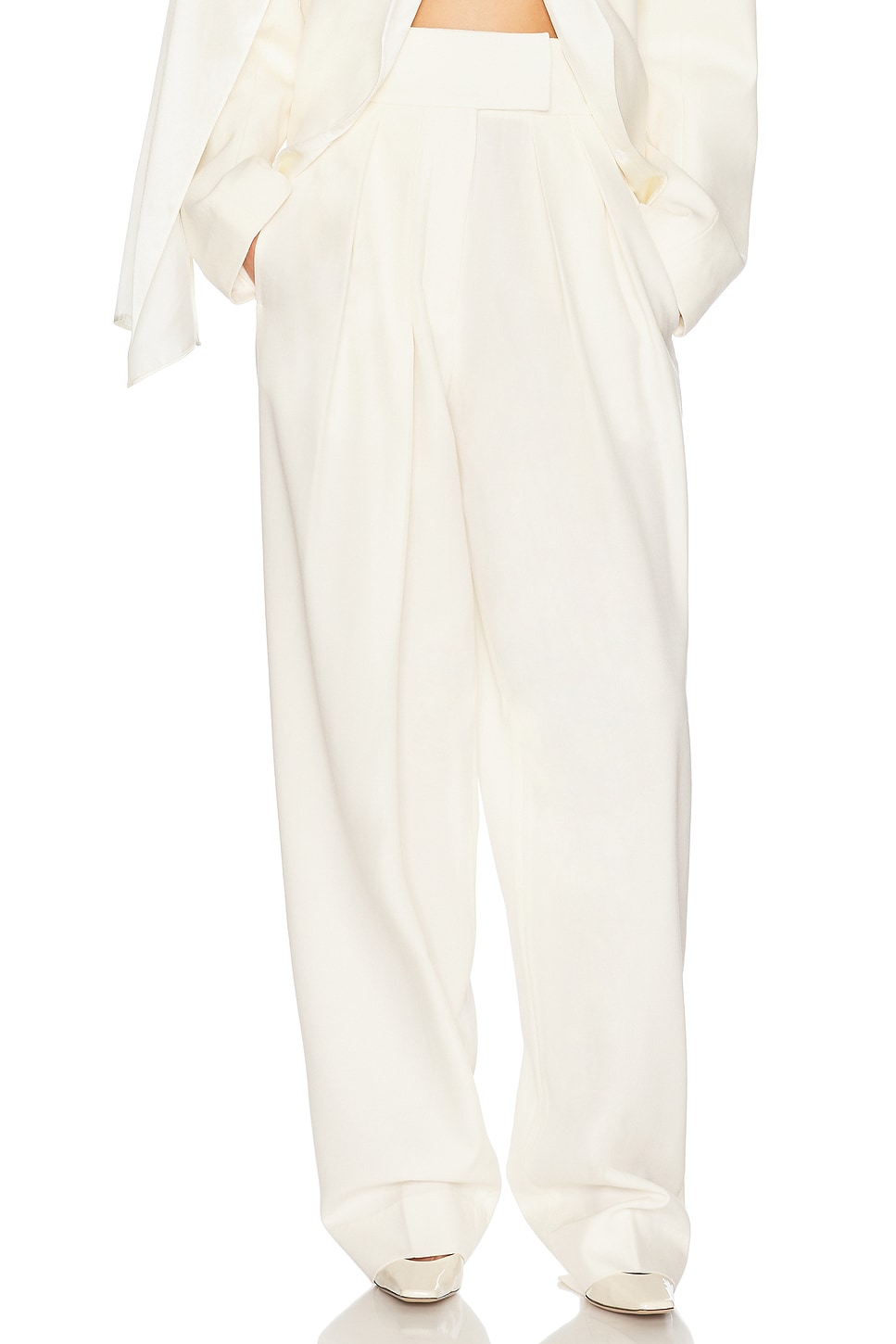 Image 1 of Helsa High Waist Pleated Suit Trouser in Wool in Cream