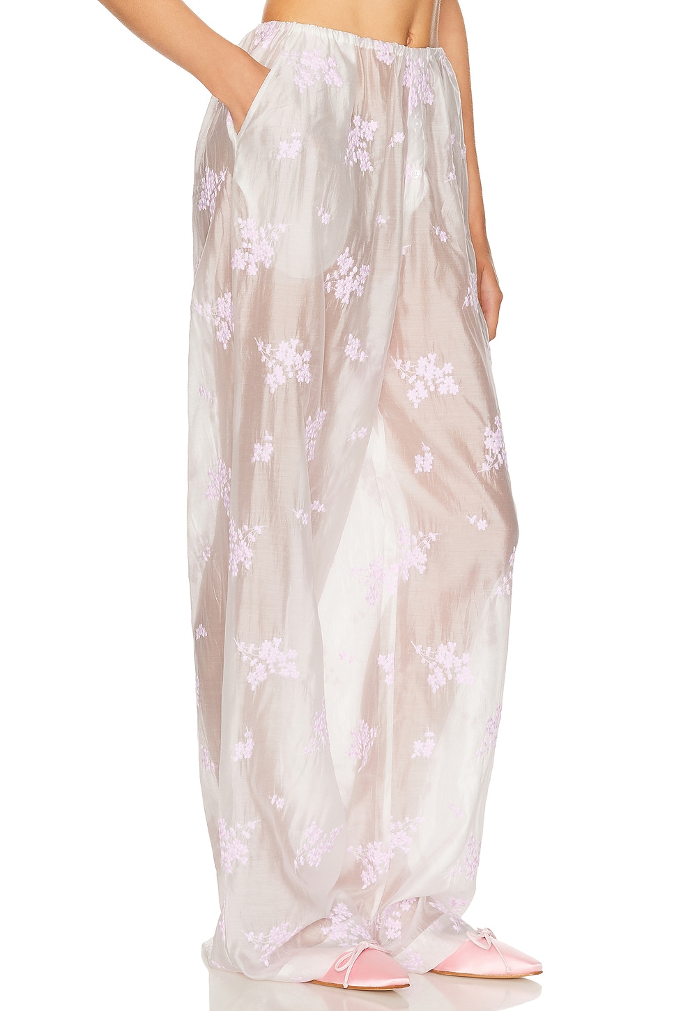 Image 1 of Helsa House Pants in Cherry Blossom Embroidery in White & Pink Embroidery